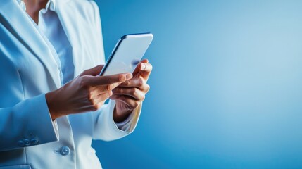 Poster - A confident person holding a smartphone against a clean blue gradient. 