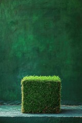 Poster - A square-shaped grass block sits atop a gray cement slab, providing a natural touch in an urban setting