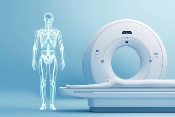 Poster - AI Assisted Diagnosis Concept Featuring Medical Robot and Anatomical Skeleton in a Clinical Setting