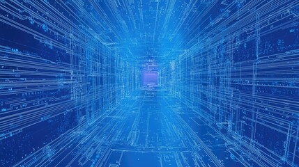 Poster - A bright blue background with a digital feel, featuring faint circuit designs. 