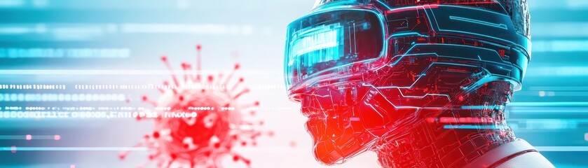 Poster - Futuristic Cyber Hero Battling Digital Virus in High-Tech Virtual Environment