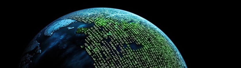 Poster - cyber world concept: earth wrapped in digital code with binary numbers and global visualization