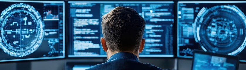 Poster - A Professional Working in a Modern Cybersecurity Command Center with Multiple Screens