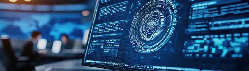 Poster - Modern Cybersecurity Command Center Concept in Office Environment with Data Visualization Displays