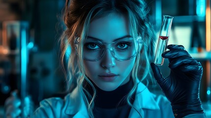 Poster - Young Woman Scientist Holding Test Tube with Red Liquid in Laboratory