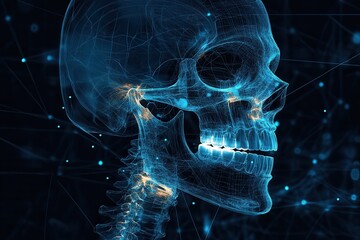 Poster - Detailed X-ray blueprint of a jawbone with dental implants and glowing skeletal outlines set against a dark medical background