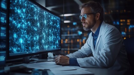 Aufkleber - A scientist analyzes quantum simulations on a computer screen in a contemporary research lab. The work involves concepts like qubits, superposition, and entanglement, showcasing advanced physics.