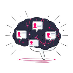 Poster - Vector illustration of a stylized brain with speech bubbles, symbolizing communication, social networking, and digital connection in a modern design.