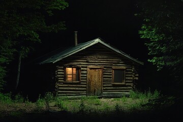 Poster - A cozy cabin surrounded by darkness of the forest night, perfect for secluded getaway or romantic escape