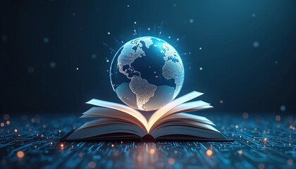 Poster - Futuristic global education concept with open book, globe map hologram. Three-dimensional earth model hovers over textbook on blue circuit board background. Digital learning, tech, international