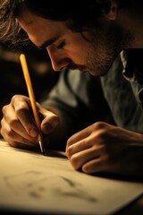 Poster - A person writing on a paper with a pencil, a simple and quiet moment