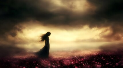 Aufkleber - Mysterious Figure in Flowing Dress Against Dramatic Landscape at Dusk