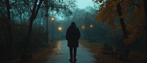 Poster - A person walking on a path during rainy weather