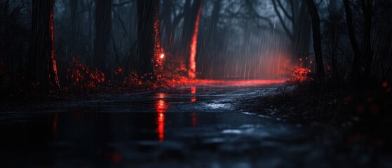 Poster - A red glow illuminates the darkness of the forest