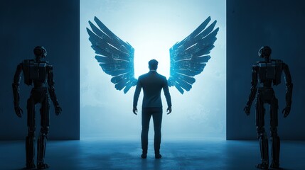 Poster - Futuristic Business Concept of a Human with High-Tech Angelic Wings Surrounded by Robots