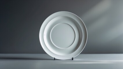 Poster - Elegant minimalist white plate displayed on a stand with soft light highlighting its contours in a studio setting