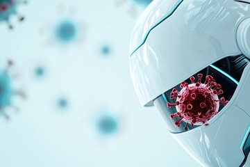 Poster - Futuristic Robot with Virus Symbolizing AI Infections in a High-Tech Concept Environment