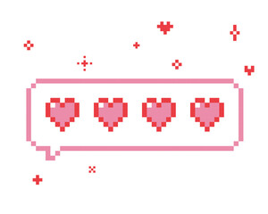 Poster - Love dialogue box with hearts and sparkles in pixel art. Speech bubble in the mood of 90s aesthetics. Love message emoji. Vector illustration on a white background. Retro style game abstract element