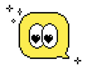 Poster - Love dialogue box with heart-shaped eyes in pixel art. Speech bubble in the mood of 90s aesthetics. Love message emoji. Vector illustration on a white background. Retro style game abstract element