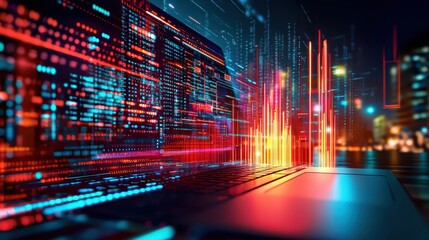 Poster - Abstract Multitasking Concept with Workflow Structure and Laptop Displaying Data Visualization