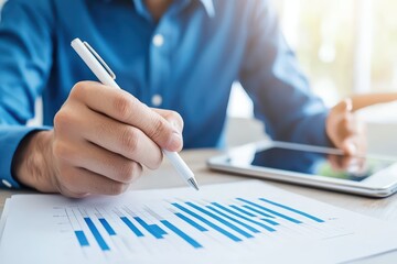 Poster - Real Time Market Analysis Concept by Businessperson with Analytics Report and Tablet
