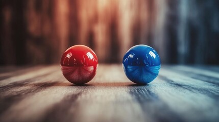 Poster - Two colorful balls on a wooden surface, suitable for still life photography or product display