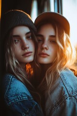 Poster - Two young women standing side by side, possibly on a beach or mountain top