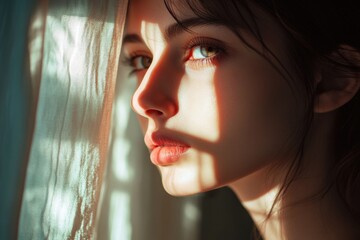 Aufkleber - A woman looks out a window with a contemplative expression
