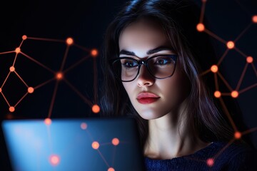 Poster - Surreal Concept of Social Media Connection with a Woman Using Laptop in Dark Environment