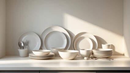 Poster - Elegant arrangement of white tableware on a kitchen shelf with soft sunlight illuminating the surface