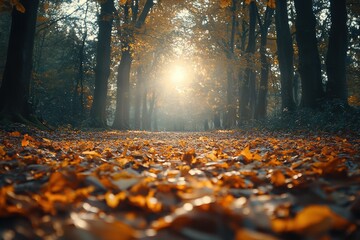Poster - Golden autumn leaves covering path in sunny forest