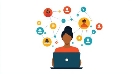 Poster - Digital Concept of Virtual Team Collaboration with Stylized Characters and Communication Icons