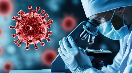 Poster - scientist analyzing virus sample under microscope in laboratory setting with red virus image
