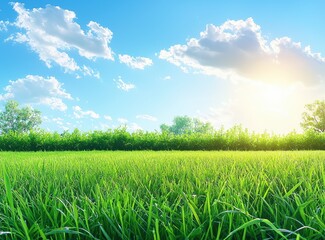 Poster - Green grass meadow with blue sky and sun shining over trees in background