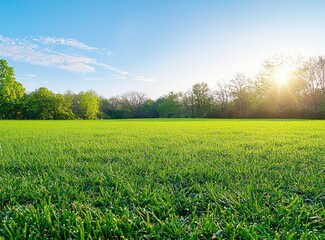 Poster - Green grass meadow shining under the sunlight with trees in background