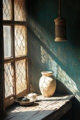 Poster - A white vase placed on a wooden table, perfect for decorative purposes