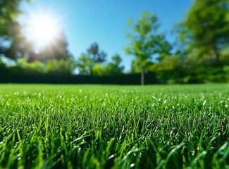 Poster - Lush green grass meadow with blue sky and sun shining in spring