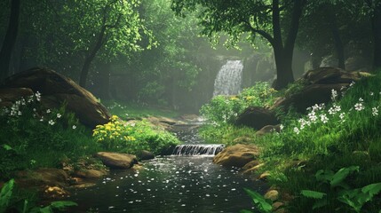 Poster - A serene river runs through a dense and vibrant forest