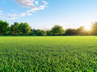 Poster - Lush green grass meadow with trees and blue sky at sunset