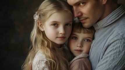 Poster - A boy and two little girls share a heartwarming hug
