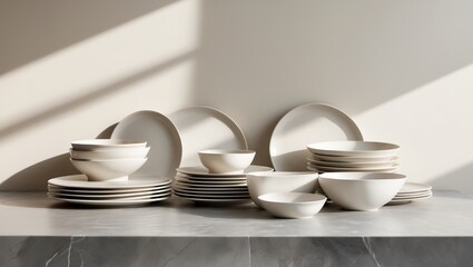 Poster - Modern minimalist tableware arrangement showcasing various white ceramic plates and bowls in soft natural light