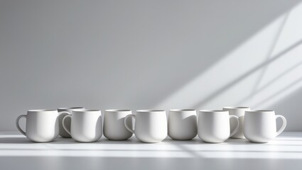 Poster - several white ceramic mugs arranged on a minimalist surface with dramatic shadows at a contemporary 