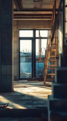 Poster - A simple room with stairs and a window, suitable for various uses such as architecture, interior design or storytelling