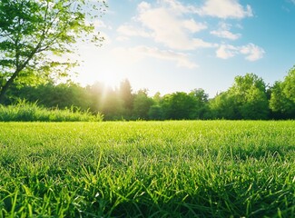 Poster - Green grass meadow with blue sky and trees in background at sunset