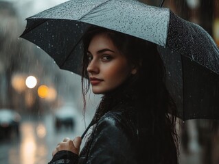 Poster - A woman holds an umbrella while walking in the rain, perfect for scenes of everyday life, travel or weather-related stories