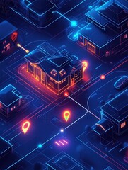 Poster - Futuristic digital city map showcasing delivery routes and tracking icons in neon design with glowing path to home