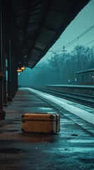 Poster - A suitcase sitting on the ground at a train station, ideal for travel or transportation scenes