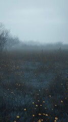 Poster - Yellow flowers stand out against a misty foggy background, great for backgrounds or nature scenes
