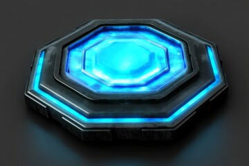 Poster - a contemporary blue atom design on an elegant black background, symbolizing innovation