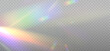 © LanaSham - Iridescent crystal leak glare reflection effect. Optical rainbow ray lights, glare, leak, streak overlay. Vector colorful lenses and light flares with transparent effects on light background.